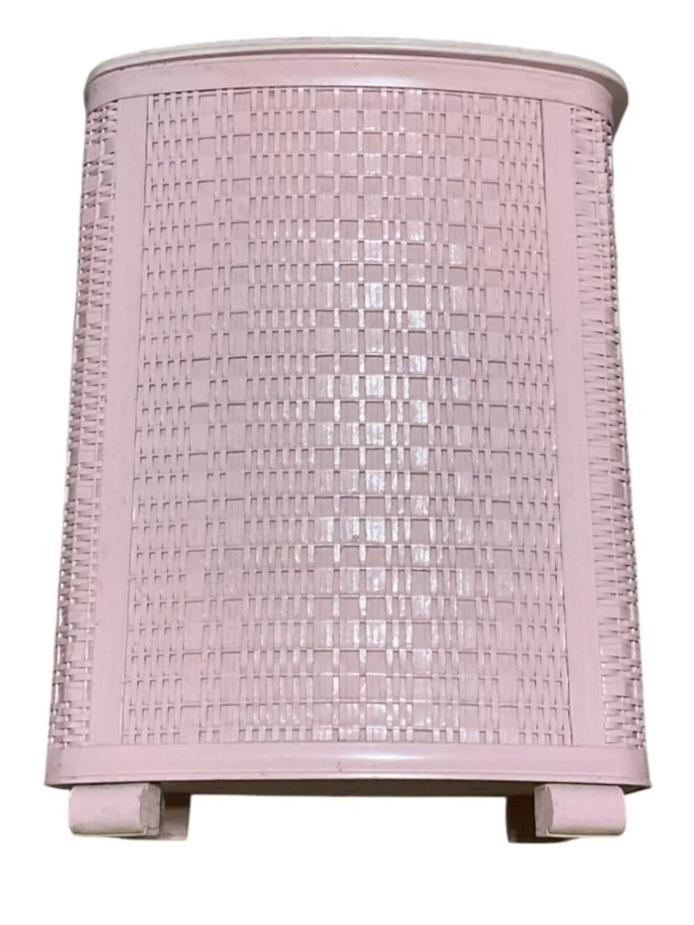 Vintage 1970s Pink Wicker Laundry Hamper Lucite Handles Plastic Covered Lid